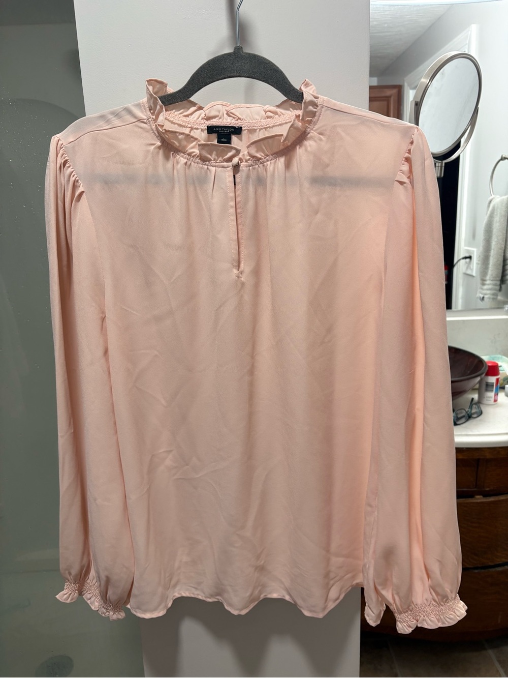 Ann Taylor Soft Pink Ruffle-Neck Long Sleeve Blouse